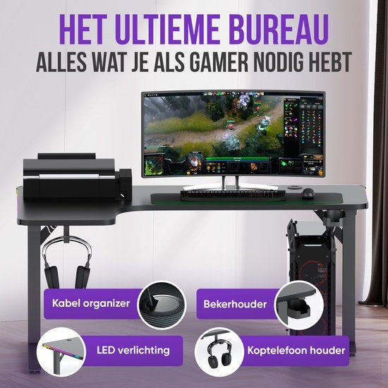 Avalo - Gaming Bureau & L-Vormig Hoekbureau - 160x100x75 cm - Met RGB LED-verlichting - Bekerhouder & Headsethaak - RVS & ABS - Zwart