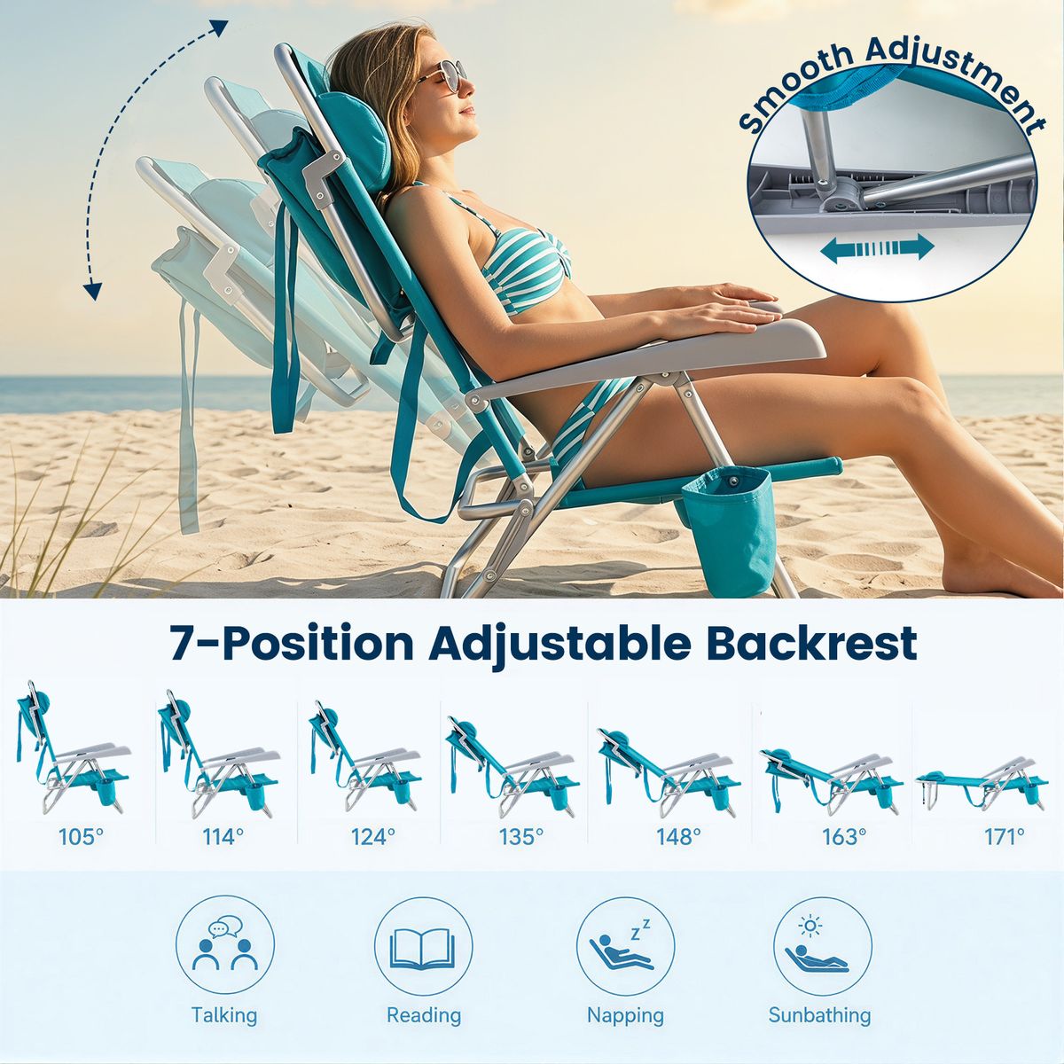 Coast Strandstoel 2-delige set - opvouwbaar met verstelbare rugleuning en hoofdsteun - turquoise