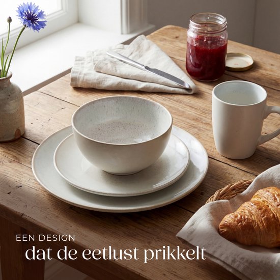 tectake® Serviesset Mare - 30-delig - Aardewerk met Glanzend Glazuur - 6 Persoons - Handgemaakt Servies - Moderne Bordenset met Grote en Kleine Borden, Kommen, Schaaltjes en Kopjes - Vaatwasser- en Magnetronbestendig - Zandkleur