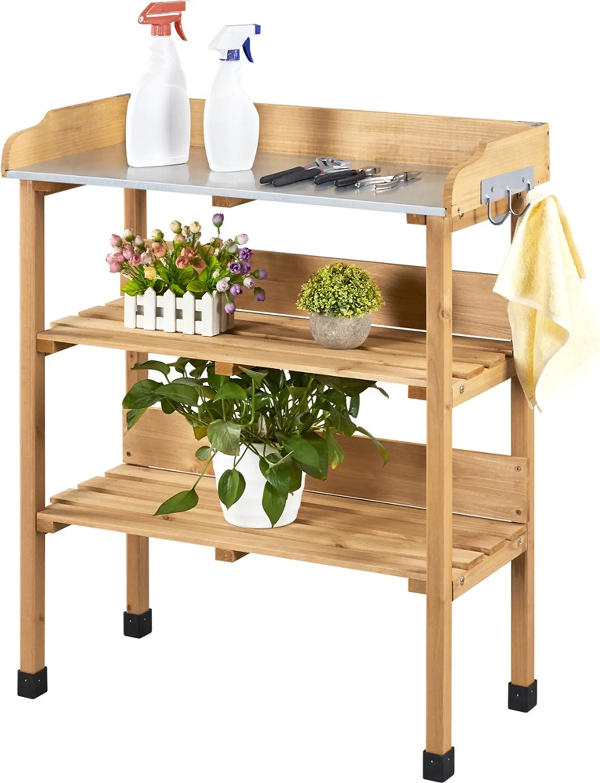 Planttafel voor Buiten met Gegalvaniseerd Werkblad 3 Planken en 3 Haken Houtkleur