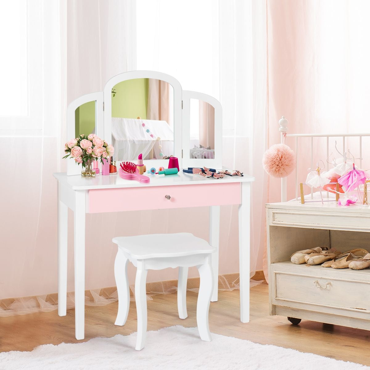 Coast Opmaaktafel - Kaptafel/Make up Tafel Met Spiegel en Krukje - 70 x 34 x 95,5 cm - Wit