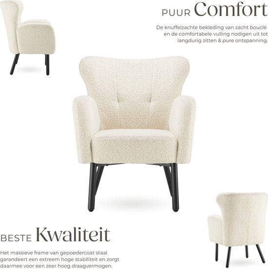 tectake® - Fauteuil Vänersborg - Dik gestoffeerde relaxstoel met bouclé-bekleding - Lounge stoel met brede armleuningen en ergonomische rugleuning - In hoogte vertelbare poten met vloerbescherming - Beige / crème