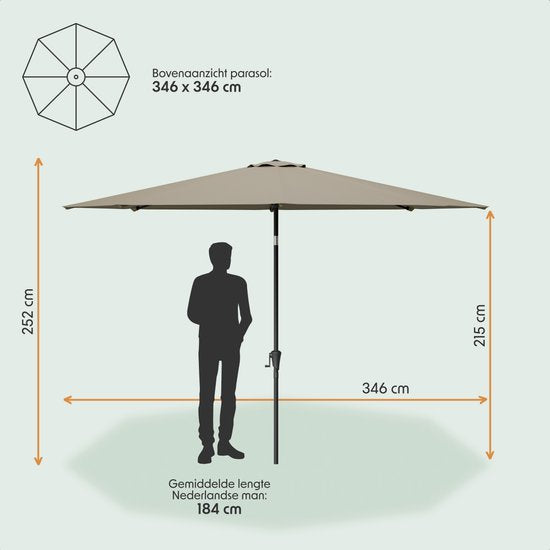 LifeGoods Parasol - Tuin - Ø346 cm - 30° Kantelbaar - Waterdicht - UPF50+ - Taupe