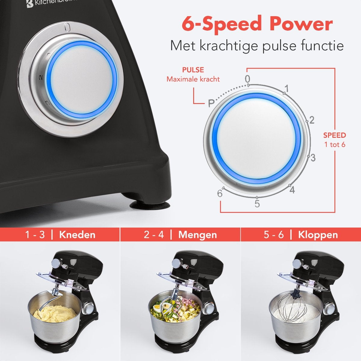 KitchenBrothers Keukenmachine - Keukenmixer met 6L RVS Mengkom - 1800W - Zwart