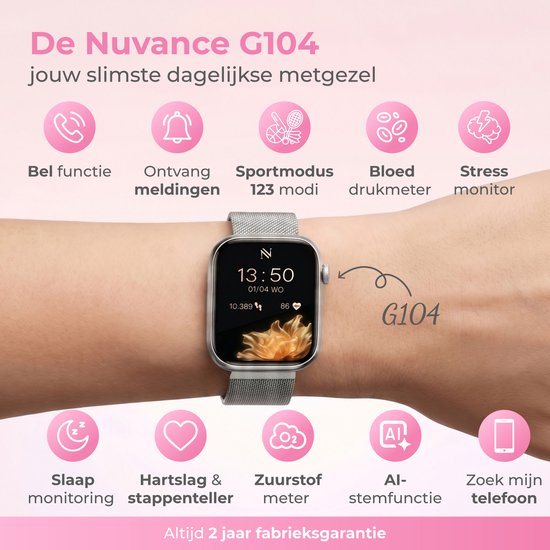 Nuvance Smartwatch Dames - Smartwatch Heren - Stappenteller Horloge Dames - Hartslagmeter - Sporthorloge - Geschikt voor iOS/Android - AMOLED - Incl. 5 Bandjes - Zilver