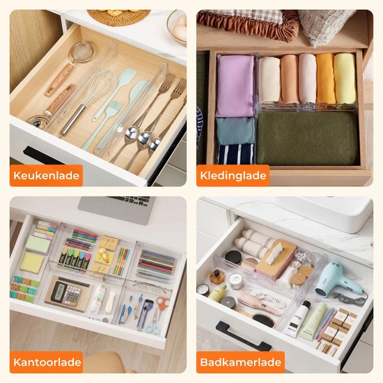 Posity Ladeverdeler - Verstelbaar & Uitschuifbaar - 12 Stuks - Lade Organizer - Voor Keuken, Slaapkamer & Kleding - Kunststof - Transparant