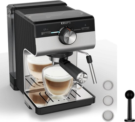 Krups Authentic XP384E10 Pistonmachine - Espressomachine - 15 Bar - Thermoblock-systeem - RVS - Inclusief Stoompijpje - Geschikt voor Gemalen Koffie & ESE Pads