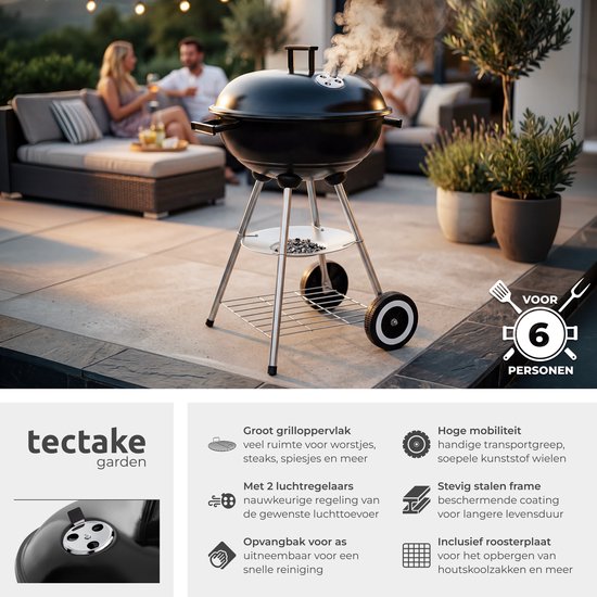 tectake® Houtskool Barbecue - Kogel BBQ - Ø 41,5 cm Grillplaat - Grill met 2 Wielen - Smoker met Deksel - Rond - Zwart - Metaal