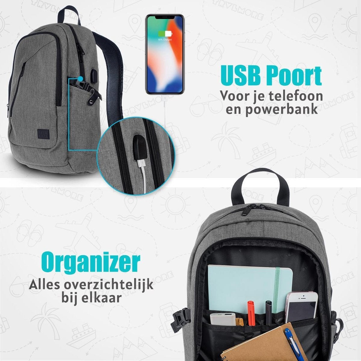TRVLMORE Rugzak - 25L - 15,6 inch - Laptop Rugtas - Schooltas - Unisex - Spatwaterdicht Grijs