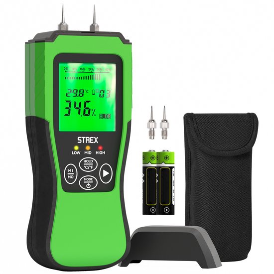 Strex Vochtmeter Digitaal - Voor Hout / Bouwmaterialen (o.a. Steen, Gips & Beton) - LCD Display - Vochtigheidsmeter - Vochtmeter Muren - Incl. Batterijen & Opberghoes