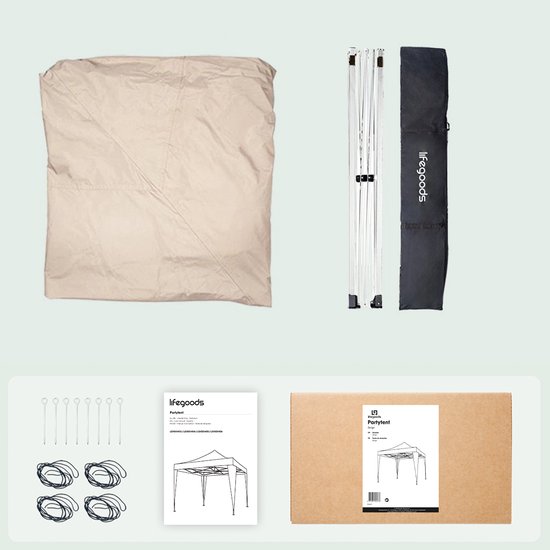 LifeGoods Partytent Plus - Opvouwbare tent - Paviljoen - 3x3 m - Easy Up - Versterkt Frame - Waterdicht - Draagtas - Beige