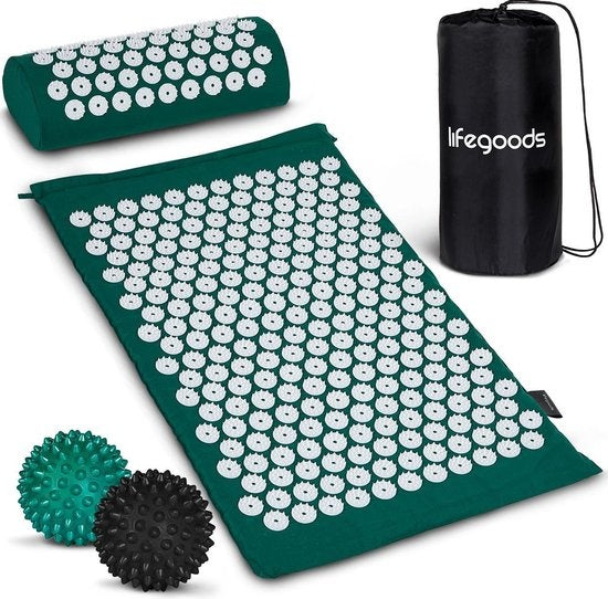 LifeGoods Acupressuur Mat met Kussen - Shakti mat - Spijkermat Incl. 2x Triggerpoint Bal - 66x40x2cm - Groen/Wit