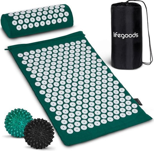 LifeGoods Acupressuur Mat met Kussen - Shakti mat - Spijkermat Incl. 2x Triggerpoint Bal - 66x40x2cm - Groen/Wit