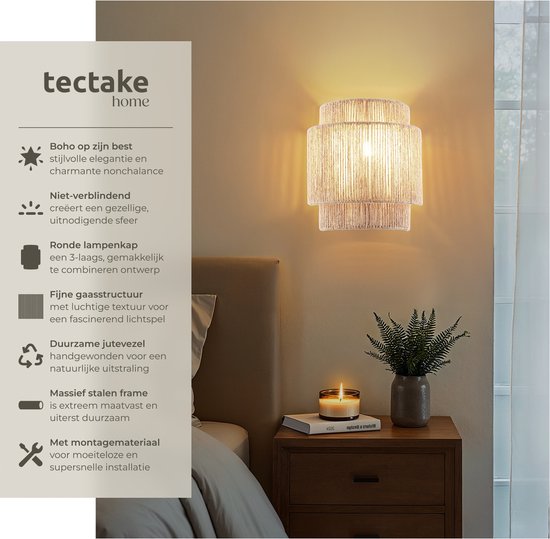 tectake® Wandlamp Lignea Lux - 40W - 12 x 23 x 25,5 cm - E14 - Muurlamp voor Woonkamer, Slaapkamer, Eetkamer - Jute Lamp in Boho Stijl - Trapverlichting - Halfrond