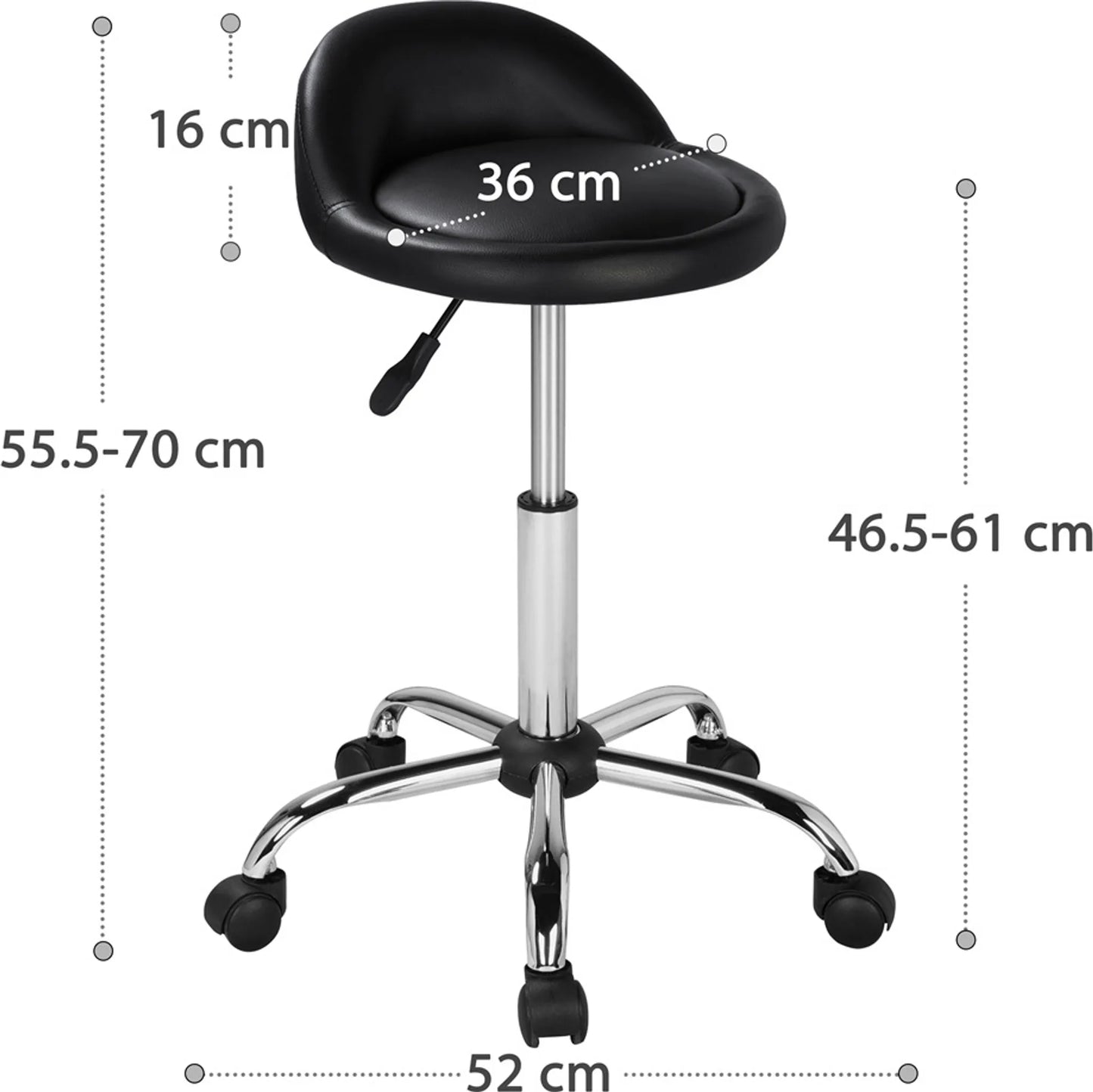 Yaheetech Barkruk Op Wielen Met Rugleuning – Voorzien Van In Hoogte Verstelbare Gaslift En 360° Draaibare Zitting En Verchroomd Onderstel – Voor Keukeneiland En Salon – Zwart PU Kunstleer En Metaal – 52 x 52 x 55,5-70 cm