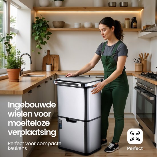 Hom&Com Prullenbak 3 Vakken 60L Grijs – Automatische Afvalbak met Sensor – Soft-Close Deksel, Ozonfunctie & Geurfilter voor Afvalscheiding