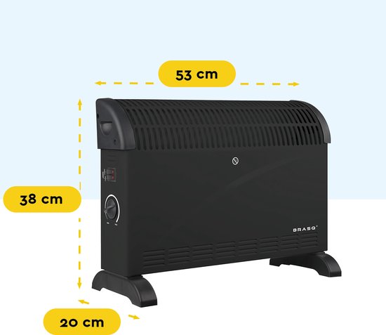 BRASQ Elektrische Convectorkachel - Verstelbare thermostaat - Elektrische Kachel - 750/1250/2000 watt - Verwarming - Zwart