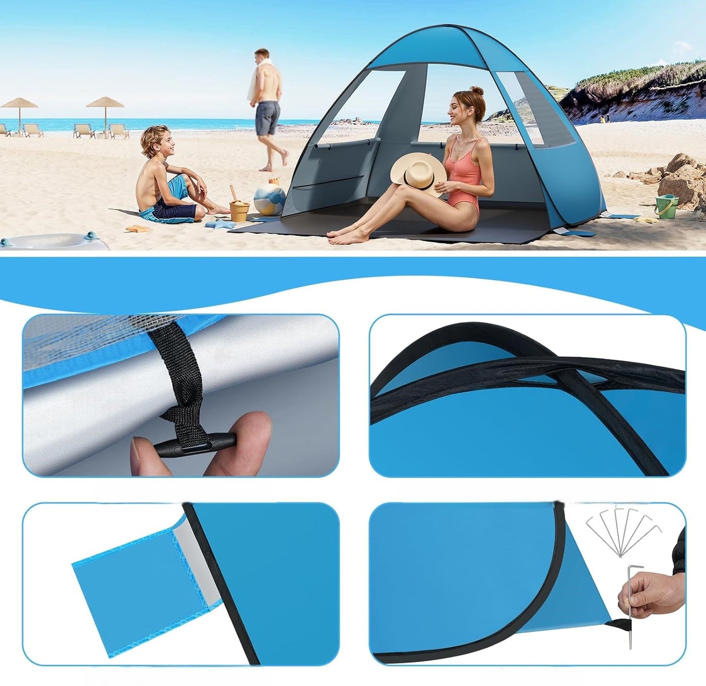Woltu Pop-Up Strandtent - Blauw - 200 x 150 x 120 cm