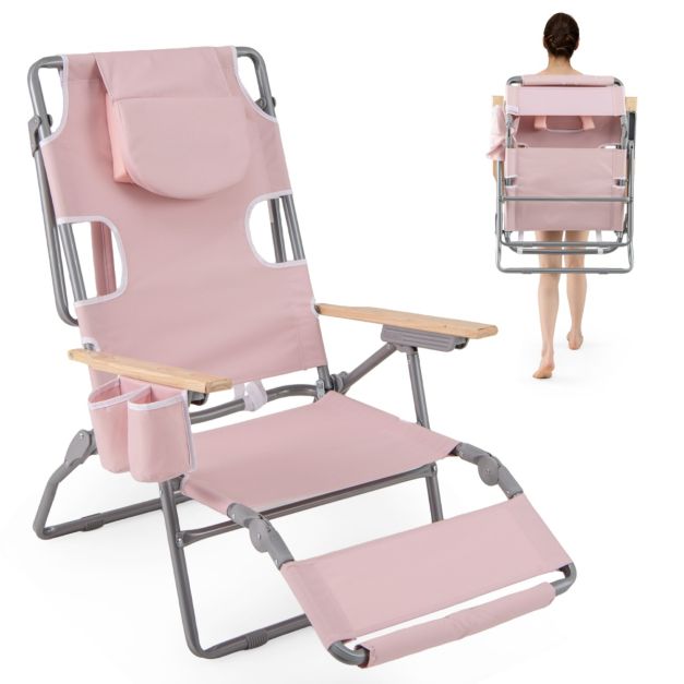 Coast Opvouwbare Strandstoel 66 x 149 x 56 cm - 3-in-1 - Voetsteun/Gezichtsopening - Roze