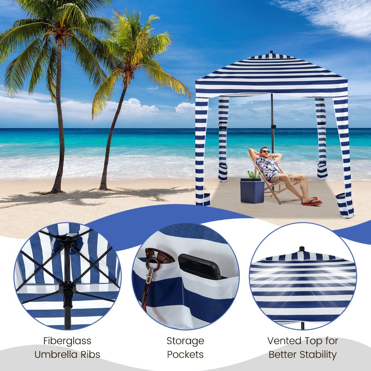 Coast Opvouwbare Strandtent - Met Draagtas - Verwijderbare Zijwand - 183 x 183 x 215-240 cm - Blauw met Wit
