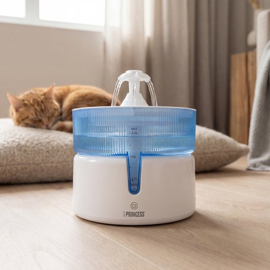 Princess Drinkfontein voor Kat - 2 Liter – 4‑laags Filtratie – Fluisterstil 30 dB – BPA‑vrij – Draadloze Pomp – Incl. Filter - Katten & Honden - Makkelijk Schoon te Maken - 620010