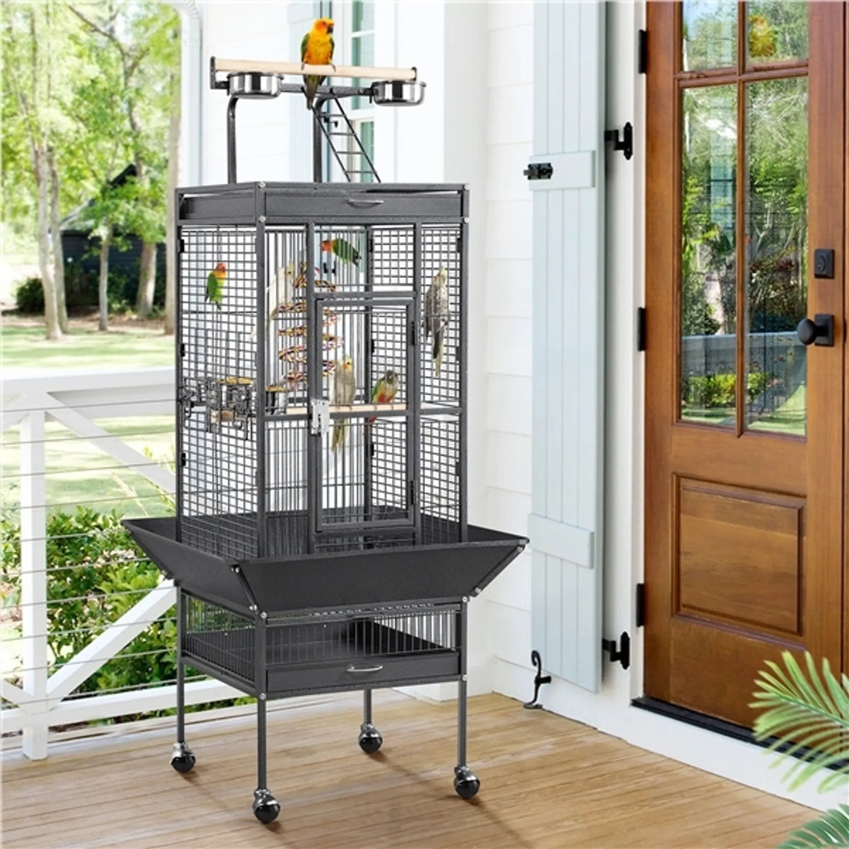 Yaheetech Papegaaienkooi Met Speelplateau – Voorzien Van Zaadvanger En Uitschuifbare Mestlades En Voerluikjes – Voor Valkparkieten En Papegaaien – Zwart Poedergecoat IJzer – 65,5 x 65,5 x 156 cm