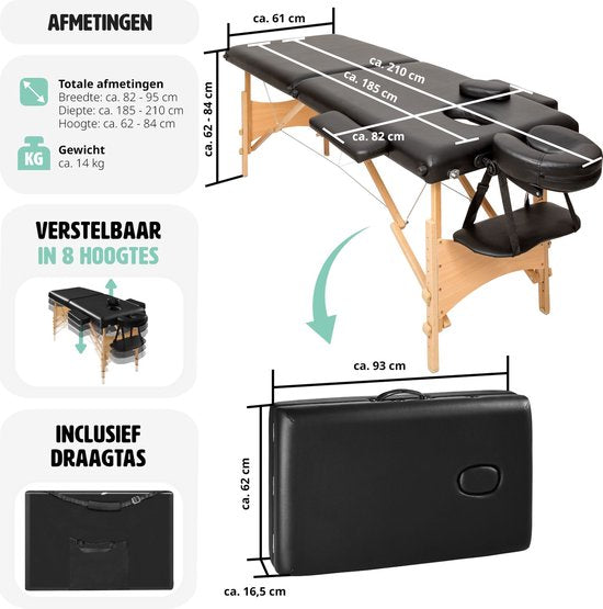 Mobiele massagetafel- bekleding 5cm - 2 Zones + draagtas zwart
