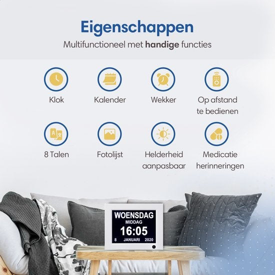 SafeLife Dementieklok XL - Digitale kalenderklok met datum en dag - Medicijnwekker, Alarmfunctie & Fotolijstfunctie - Alzheimerklok / Seniorenklok