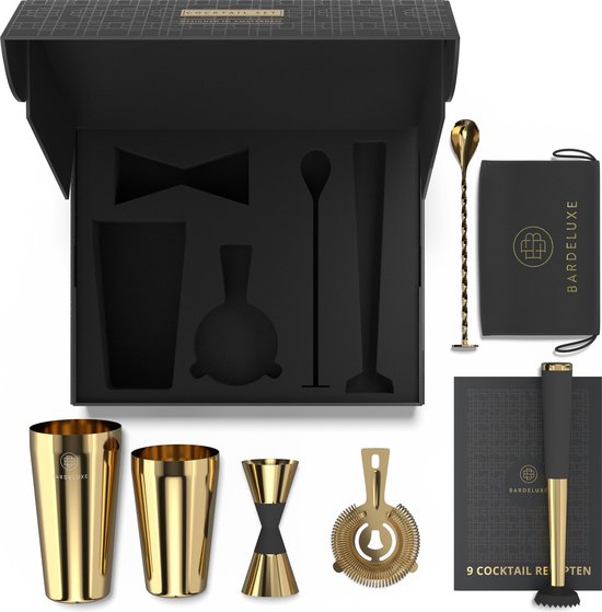 BarDeluxe® Cocktail Shaker Set - 5-Delig Boston Shaker - Cocktail Set met Stamper, Zeef, Barlepel & Receptenboek - Inclusief Luxe Geschenkdoos - Goud