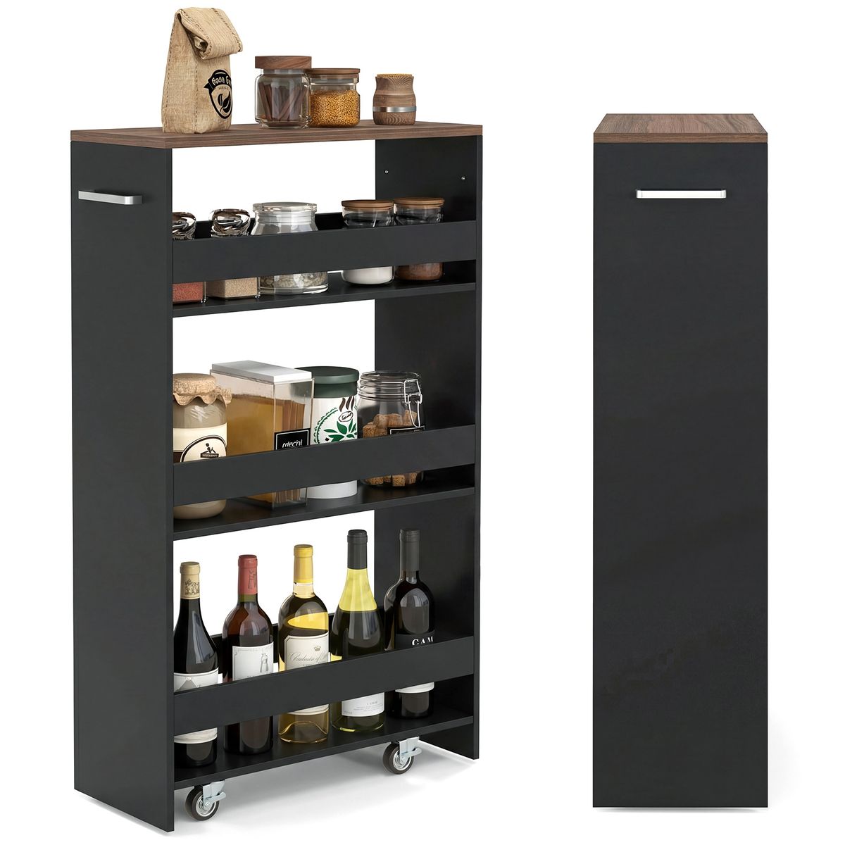 Coast Keukenwagen - smal nissenrek op wielen - 4 verdiepingen - zwart en bruin - 47,5 x 20 x 80,5 cm