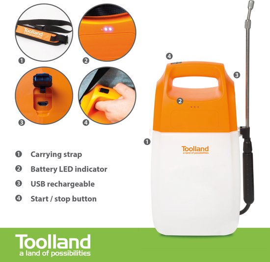 Toolland Drukspuit, elektrisch, herlaadbare batterij, telescopische lans, regelbare sproeikop, schouderriem, 6 liter, wit/oranje/zwart