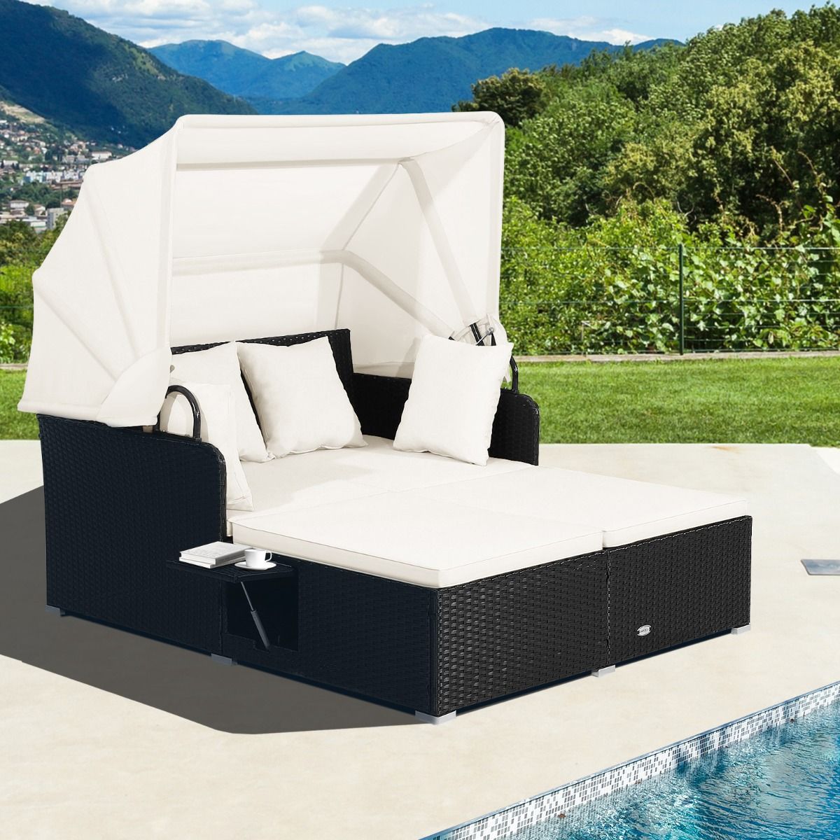 Coast Rotan Ligbed voor 2 Personen - Met dak en uitklapbare zijtafels - Zwart 165 x 153 x 138 cm
