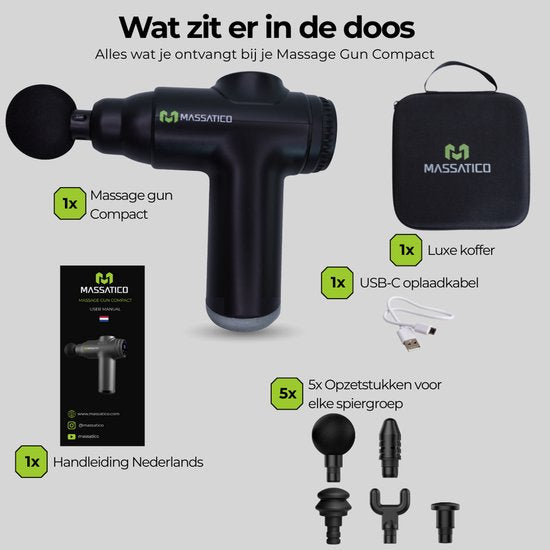 Massatico Massage Gun Compact - Professioneel en Krachtig Massage Apparaat - Massageapparaat Massagegun - Massage Pistool - Zwart - 5 Opzetstukken - 32 Standen - Met Koffer