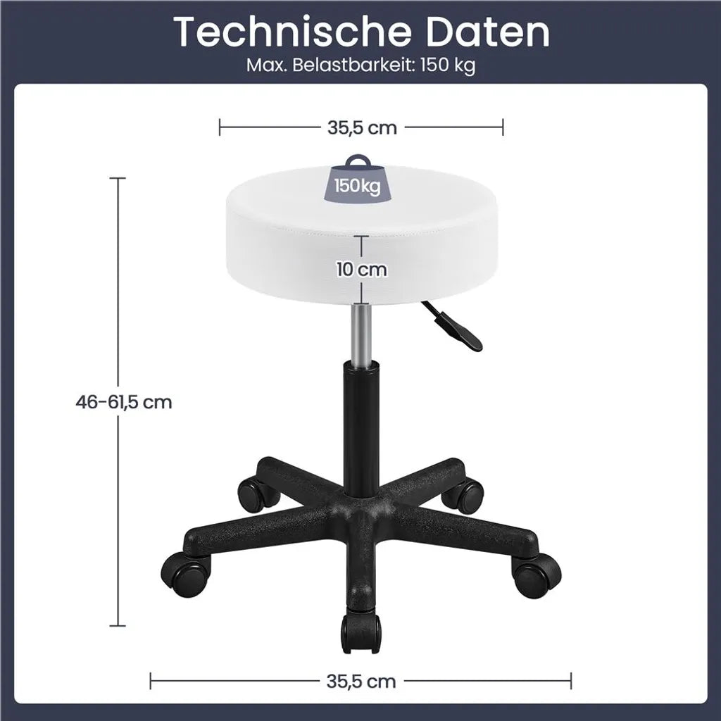 Yaheetech Rolkruk 50 × 50 × 46–61,5 cm – Wit – Verstelbare Draaikruk met Wielen en 150 kg Draagkracht