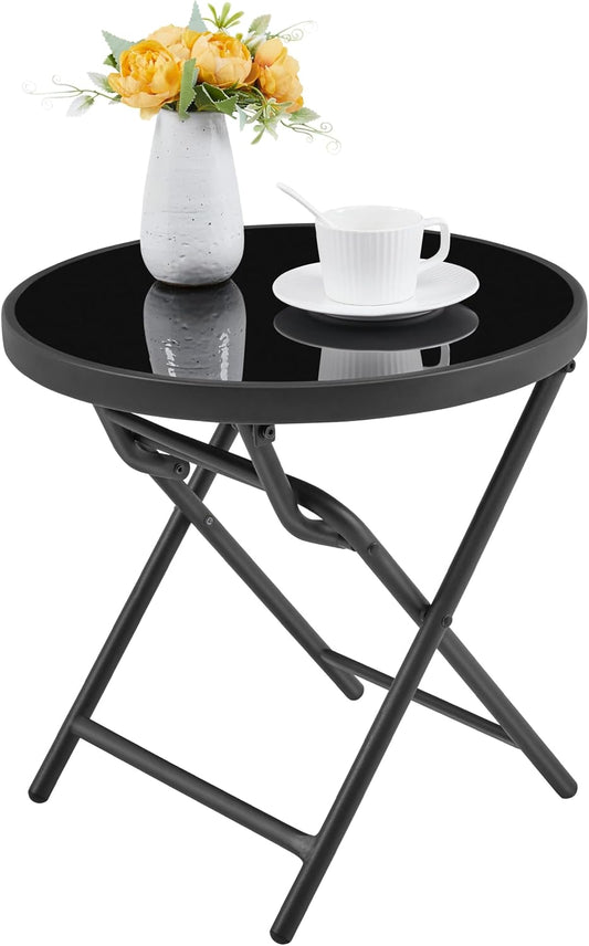 Yaheetech Ronde klaptafel Ø 46 cm – zwart glas en metaal, weerbestendig