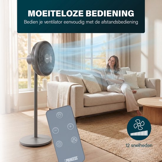 Princess DC Staande Ventilator – Extra Stil - ⌀44cm – 12 Snelheden – Oscillatie – Timer 1-8uur – Met Afstandsbediening – 30W – Grijs - 354822