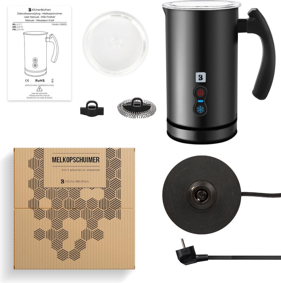 KitchenBrothers Elektrische Melkopschuimer - Voor Cappuccino en Latte - Handige Melkschuimer - Zwart