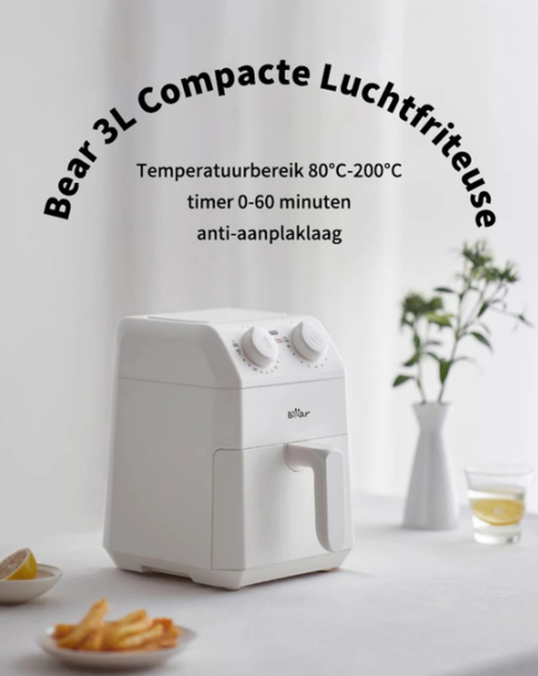 Bear QZG-K12T1 Compacte Airfryer 3L - Wit - 20,5 x 26,5 x 28,5 cm