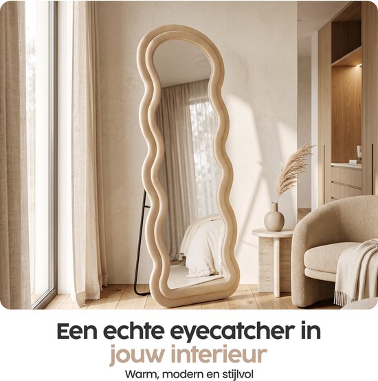 Infinity Goods Passpiegel Wavy - 160x60 cm - Design Wandspiegel - Gestoffeerde Staande Spiegel - Suède - Beige