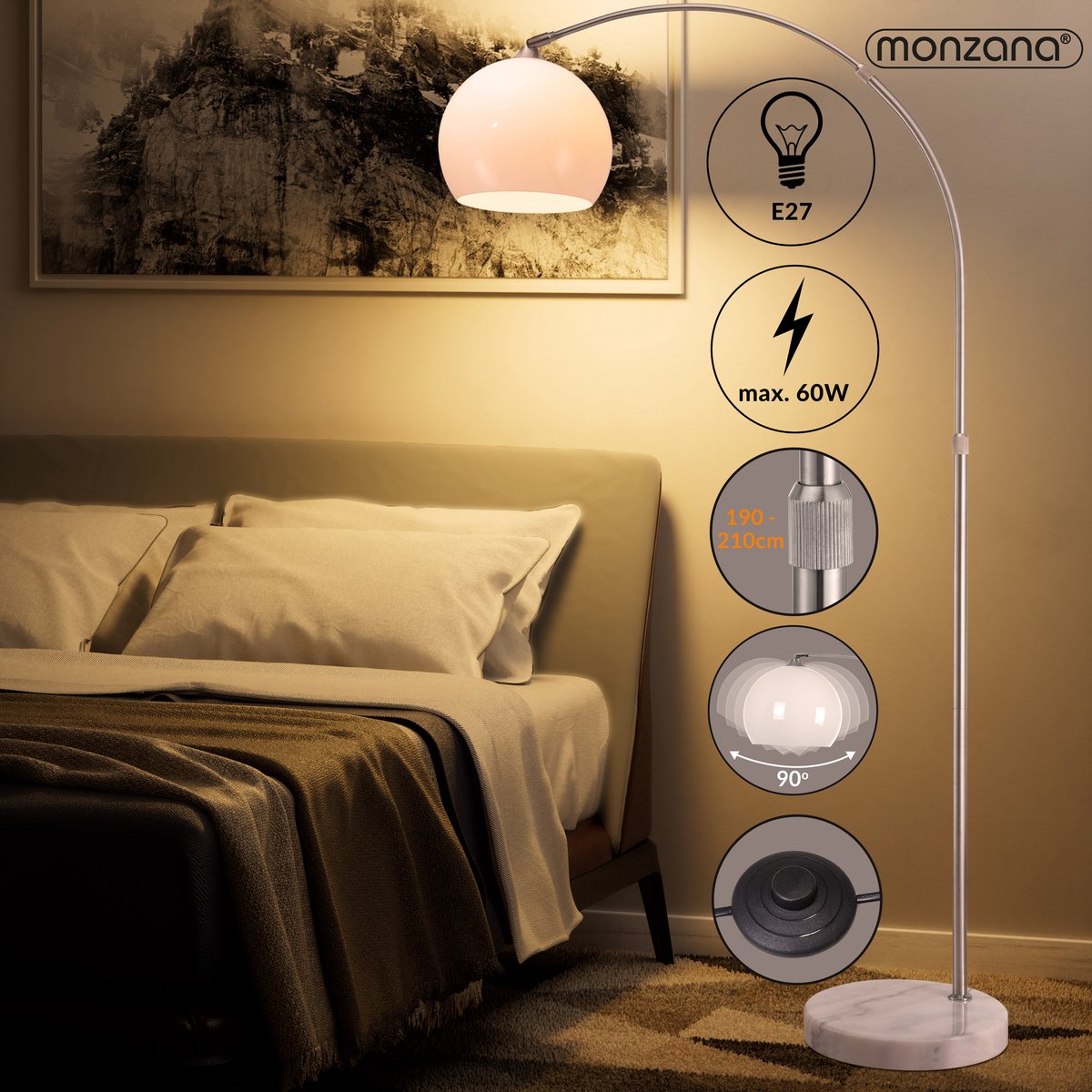 Monzana Retro Design Booglamp - Staande Vloerlamp - Verstelbaar 190-210 cm - Opaalwit - Zilver