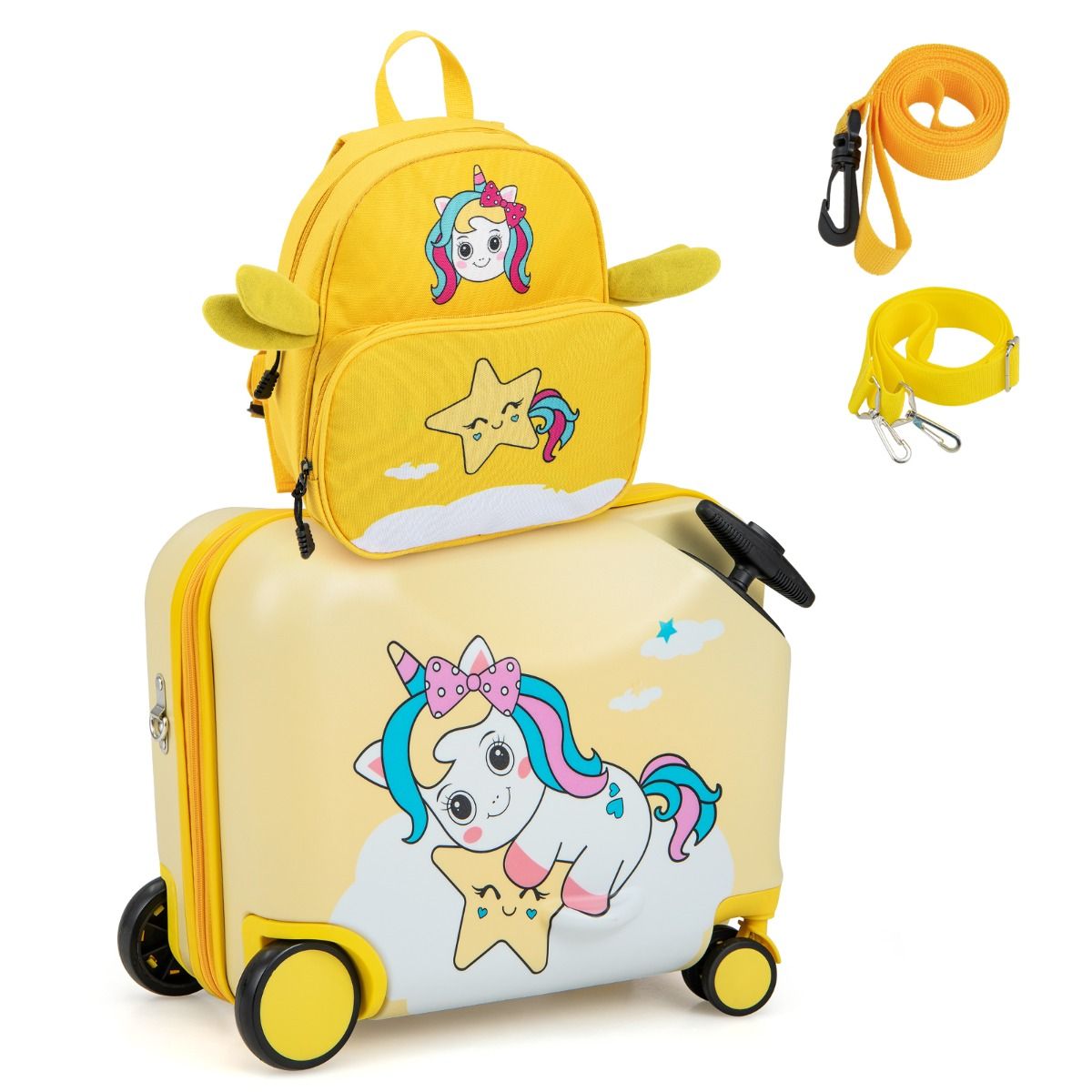 Coast Kinderkoffer en Rugzak Set - Ride-on Koffer met Wielen - Rugzak met Schattig Bijenmotief - Geel