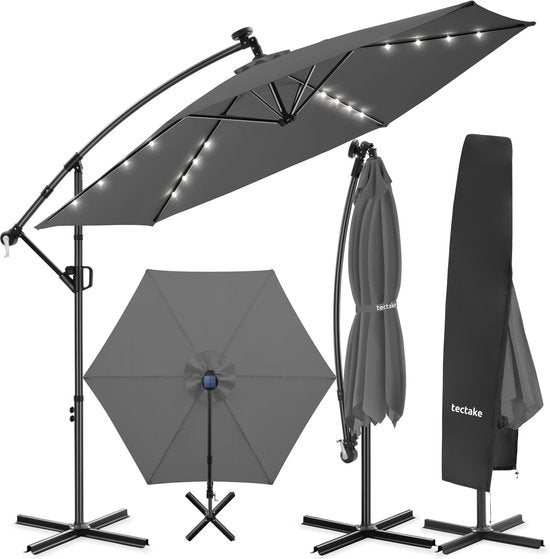 tectake® Zweefparasol met Voet - 3 x 3 m - Tuinparasol met LED-Verlichting op Zonne-Energie - Draaibaar - Waterafstotend Polyester met UV-Bescherming - Inclusief Hoes - Grijs
