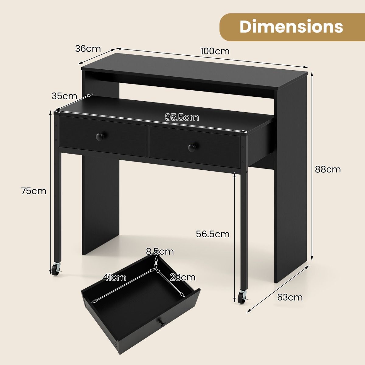 Coast Uitschuifbaar Bureau - met 2 lades - vergrendelbare wielen - zwart - 100 x 63 x 88 cm