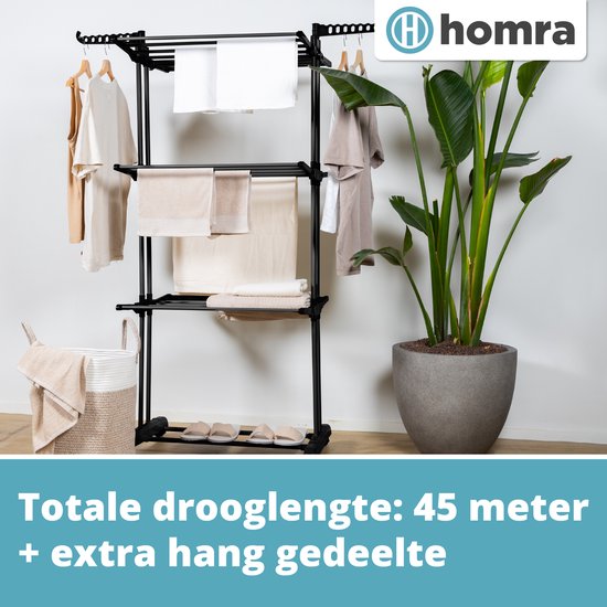 Homra Inklapbaar Wasrek - met Wieltjes - 45m Droogruimte - 77x50x170 CM - Zwart