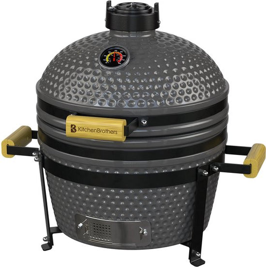 KitchenBrothers Kamado BBQ - 16 Inch Houtskool Barbecue - 34⌀ cm - PFAS-vrij - Deluxe Set - Egg BBQ met Accessoires - Vaderdag Cadeau - Grijs