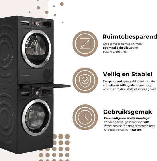 Dastium Home - Zwarte Stapelkit Wasmachine en Droger - Stapelset Wasmachine en Droger - Tussenstuk Wasmachine en Droger - Universeel - Zwart