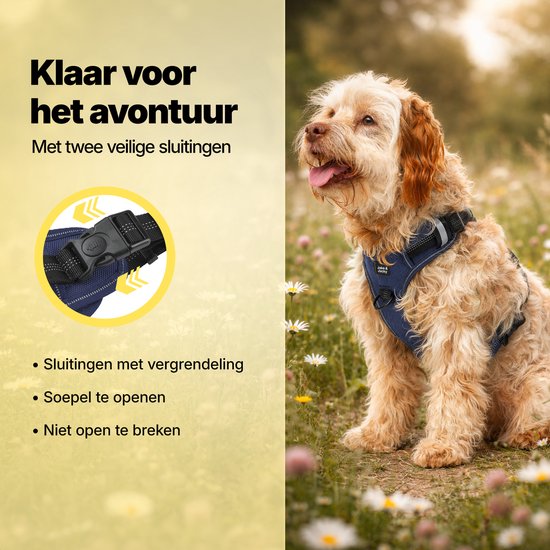 Jake and Jacky Hondentuigje - Anti-Trek Tuig - Hondenharnas - Y Tuig Hond - Reflecterend - Blauw - Maat S