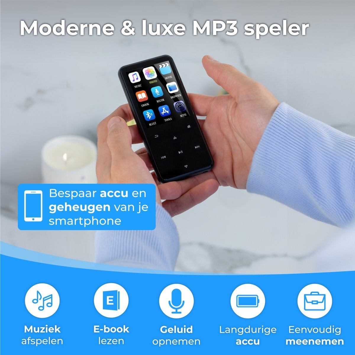 Nuvance - MP3 Speler Bluetooth - 16GB intern geheugen - Ondersteuning tot 128GB - Voice Recorder Digitaal - met FM Radio - Zwart