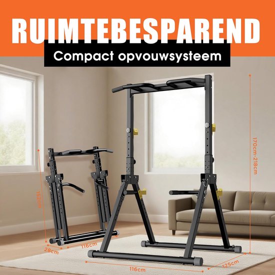 DH FitLife Opvouwbare Power Tower Dip Station | Vrijstaande optrekstang tot 150 kg met dipbars en haltersteunen | Krachtstation Krachttoren | Fitnessstation