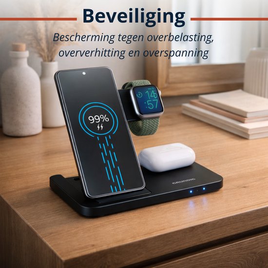 Grundig 3-in-1 Draadloze Oplader – Snellader Oplaadstation voor Smartphone, Smartwatch, Oortjes - Draadloze Oplader iPhone en Samsung - Wireless Charger – Opvouwbaar Design